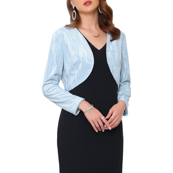 DARING DIVA Elegant Long Sleeve Velvet Gilding Cocktail Bolero Shrug L Light Blue