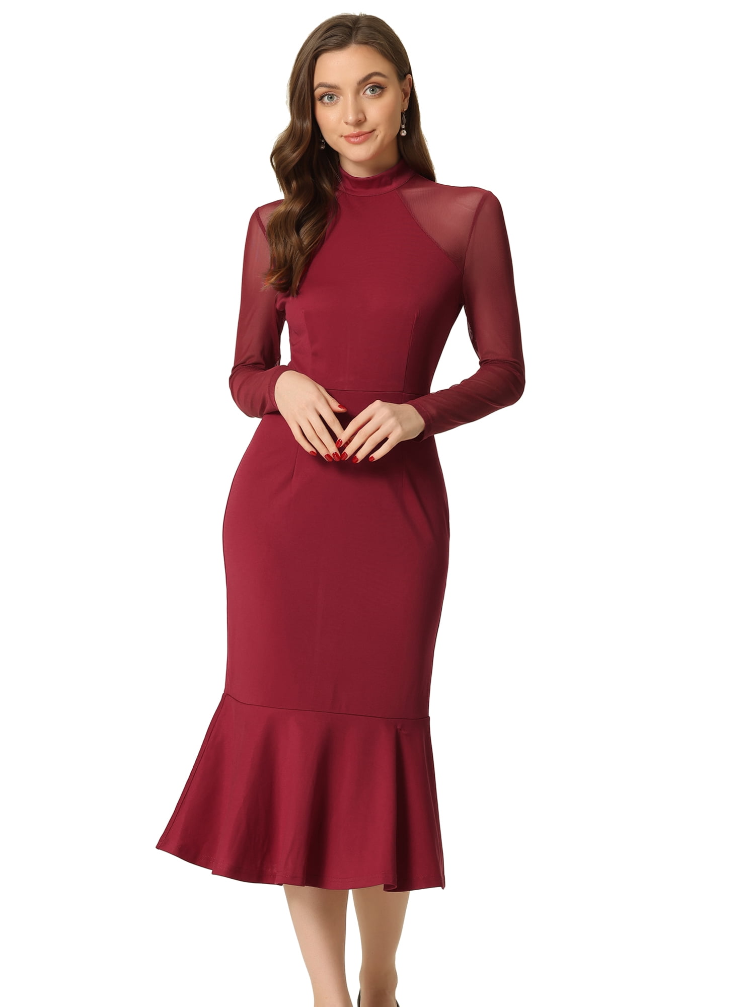 DARING DIVA Elegant Mesh Sheer Mermaid Dress S Deep Red