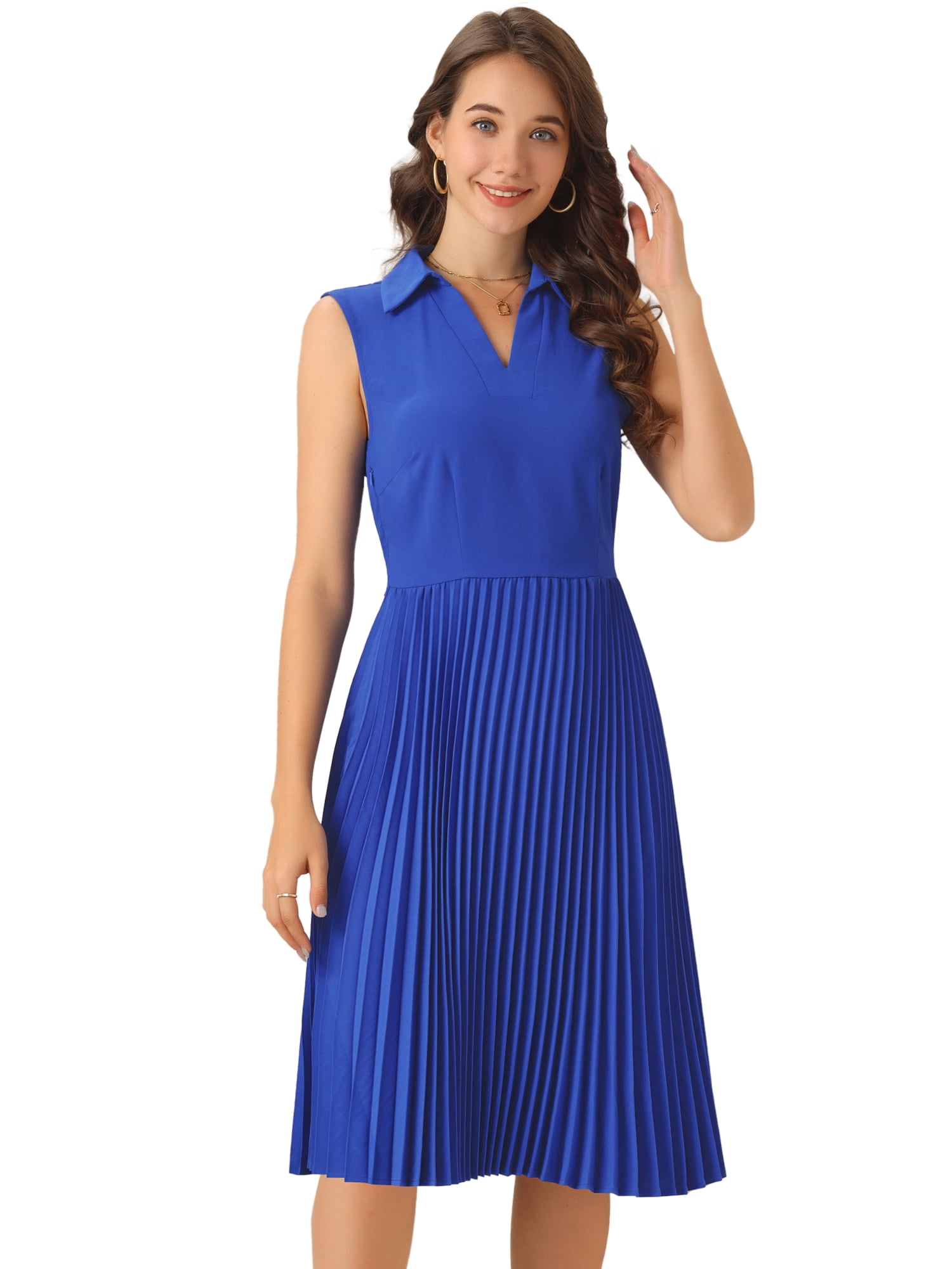 DARING DIVA Elegant Pleated V Neck Sleeveless Dress XL Blue