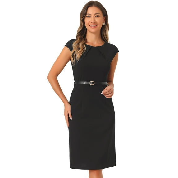 DARING DIVA Elegant Round Neck Cap Sleeve Belted Work Sheath Dresses 2XL Black