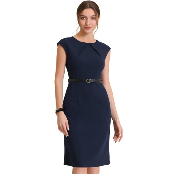 DARING DIVA Elegant Round Neck Cap Sleeve Belted Work Sheath Dresses L Dark Blue