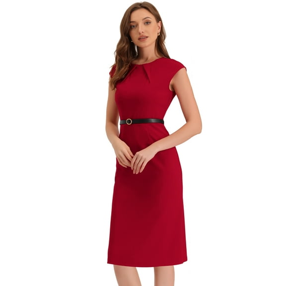 DARING DIVA Elegant Round Neck Cap Sleeve Belted Work Sheath Dresses XL Red