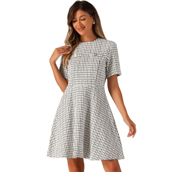 DARING DIVA Elegant Short Sleeve A-line Plaid Tweed Dress XL Apricot