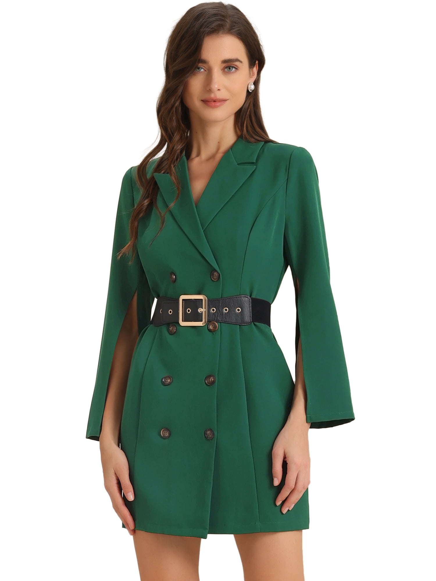 DARING DIVA Elegant Slit Sleeve Button Down Work Belted Blazer Dress S Green