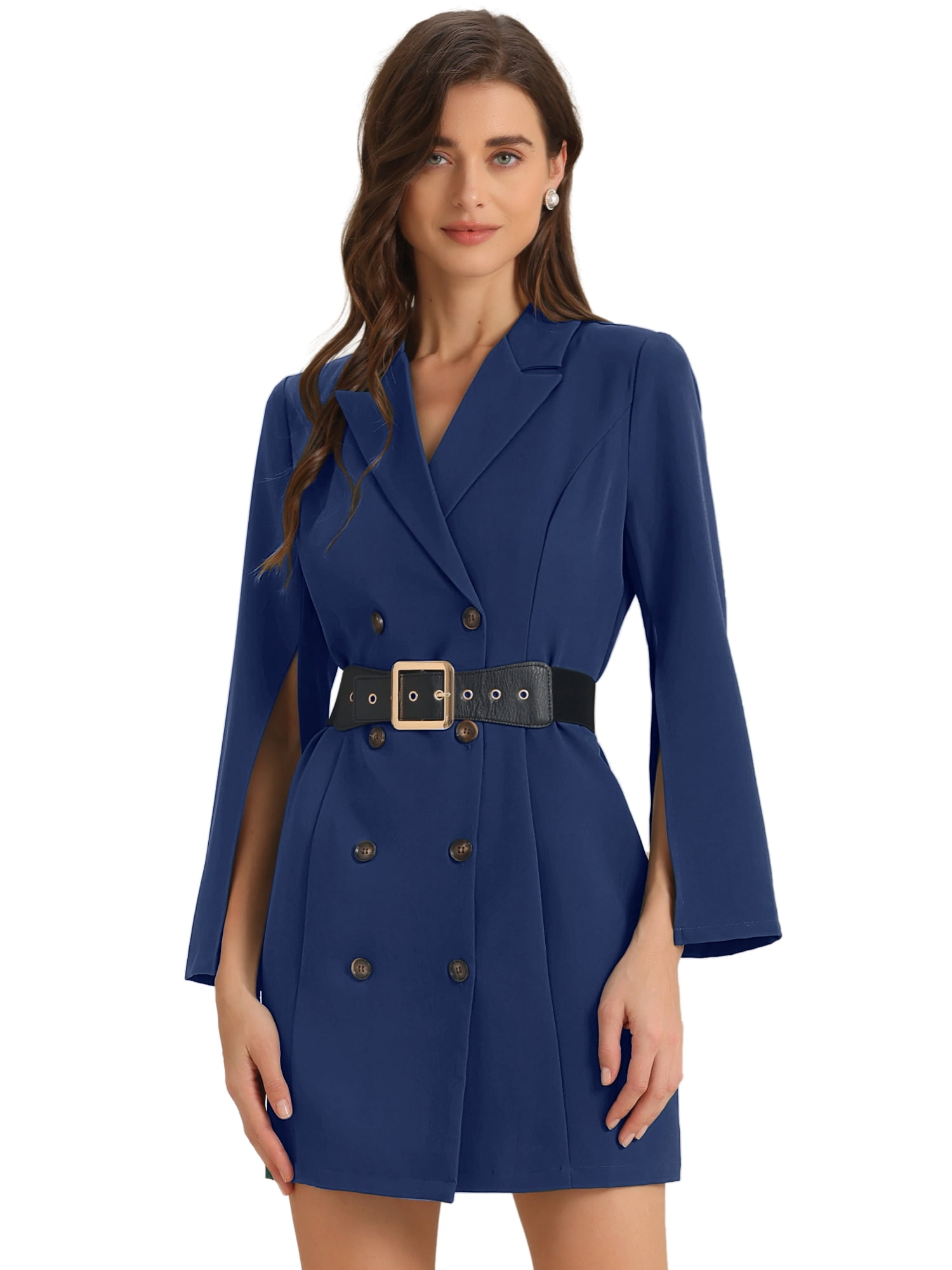DARING DIVA Elegant Slit Sleeve Button Down Work Belted Blazer Dress XS Dark Blue