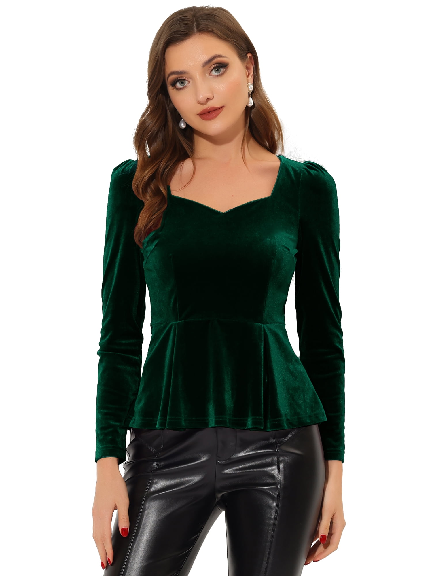 DARING DIVA Elegant Velvet Sweetheart Neck Peplum Top L Dark Green