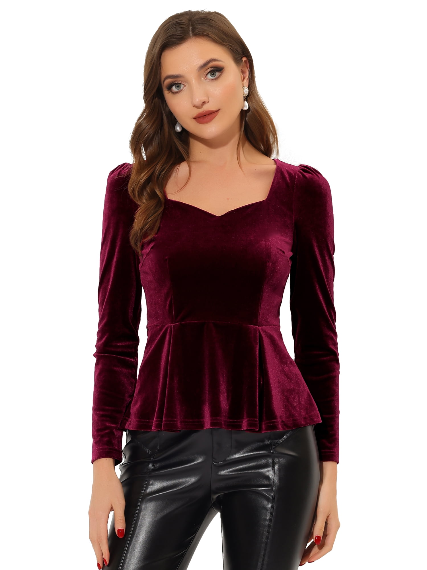 DARING DIVA Elegant Velvet Sweetheart Neck Peplum Top XL Burgundy