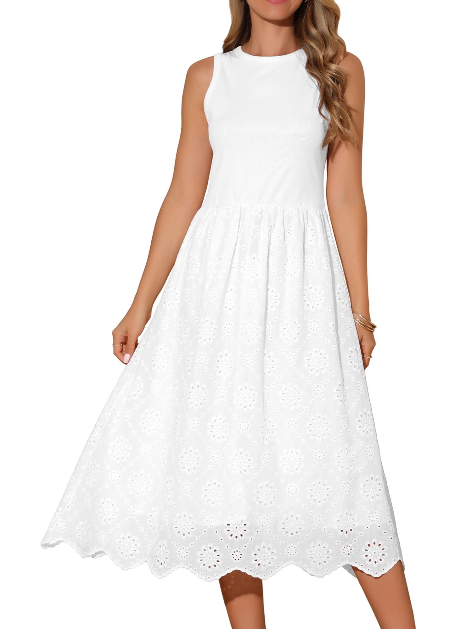 DARING DIVA Eyelet Sleeveless A Line Midi Tank Dress S White