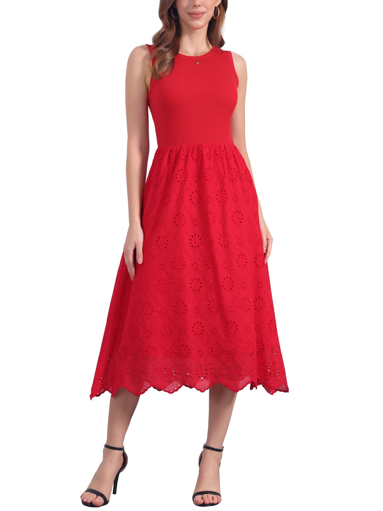 DARING DIVA Eyelet Sleeveless A Line Midi Tank Dress XL Red