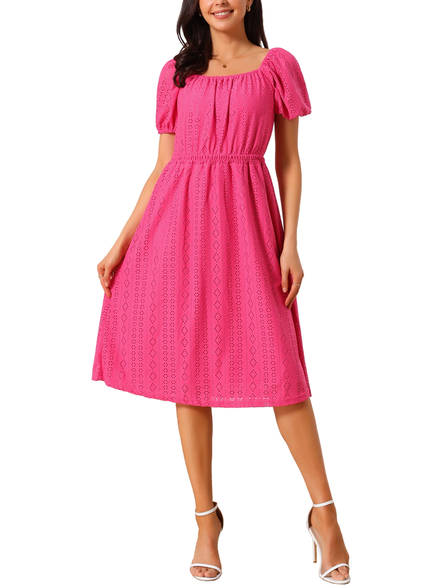 DARING DIVA Eyelet Square Neck Short Sleeve A Line Midi Dress L Hot Pink