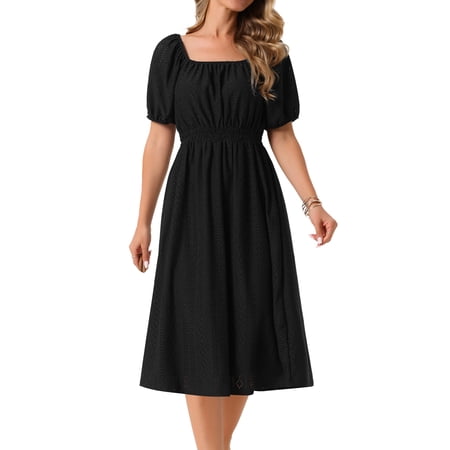 DARING DIVA Eyelet Square Neck Short Sleeve A Line Midi Dress M Black