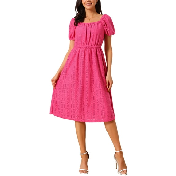 DARING DIVA Eyelet Square Neck Short Sleeve A Line Midi Dress M Hot Pink