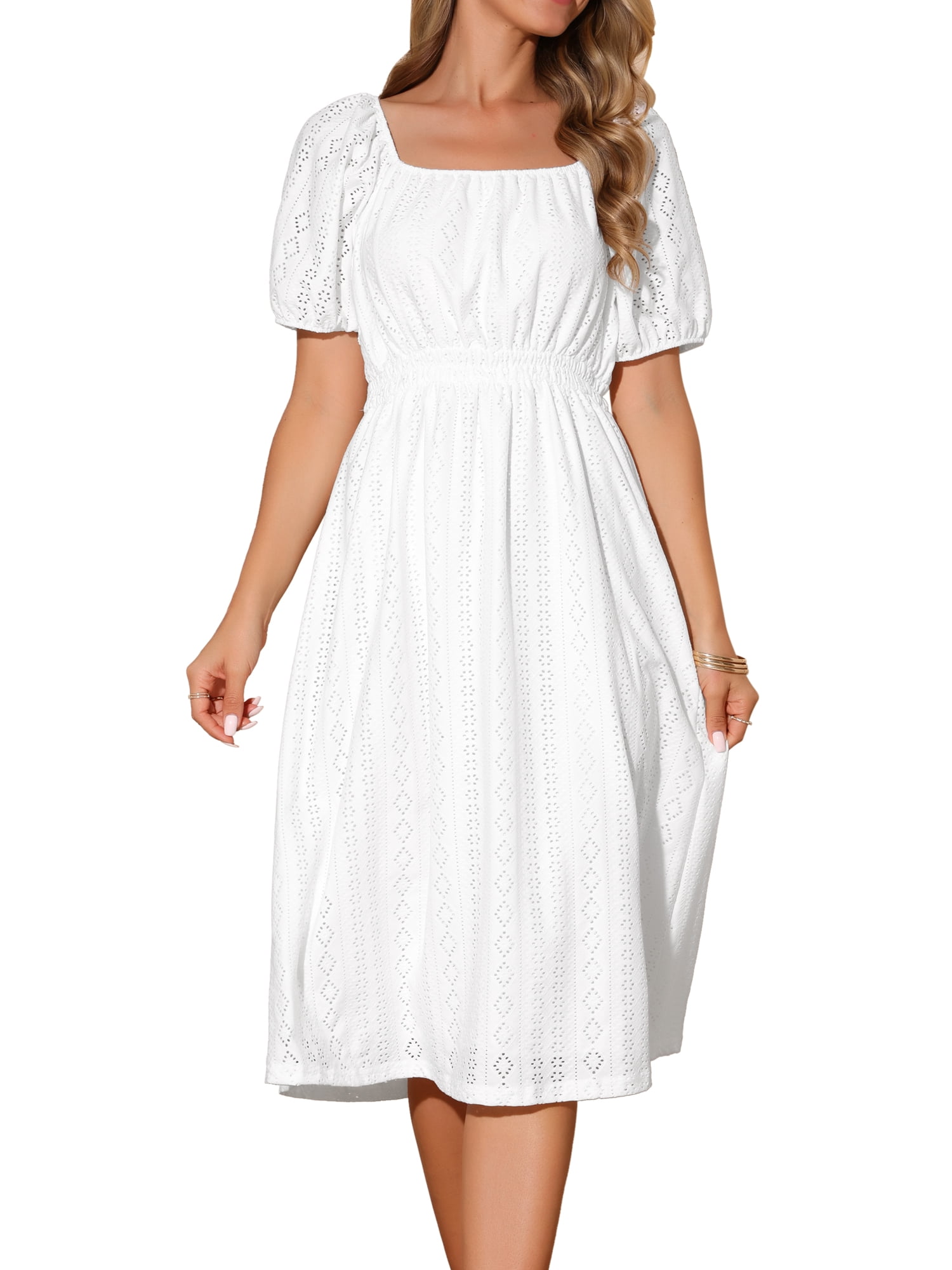 DARING DIVA Eyelet Square Neck Short Sleeve A Line Midi Dress S White