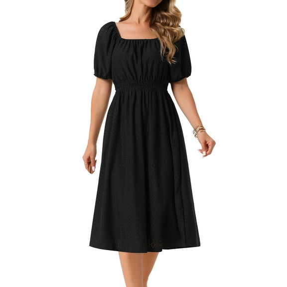 DARING DIVA Eyelet Square Neck Short Sleeve A Line Midi Dress XL Black