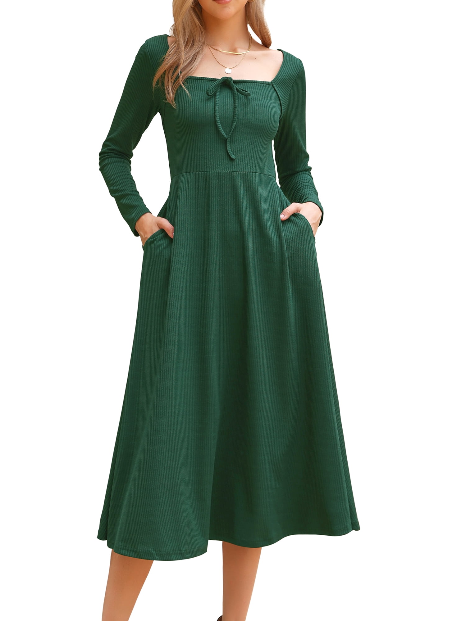 DARING DIVA Fall Casual A-Line Midi Tie Front Dress S Dark Green