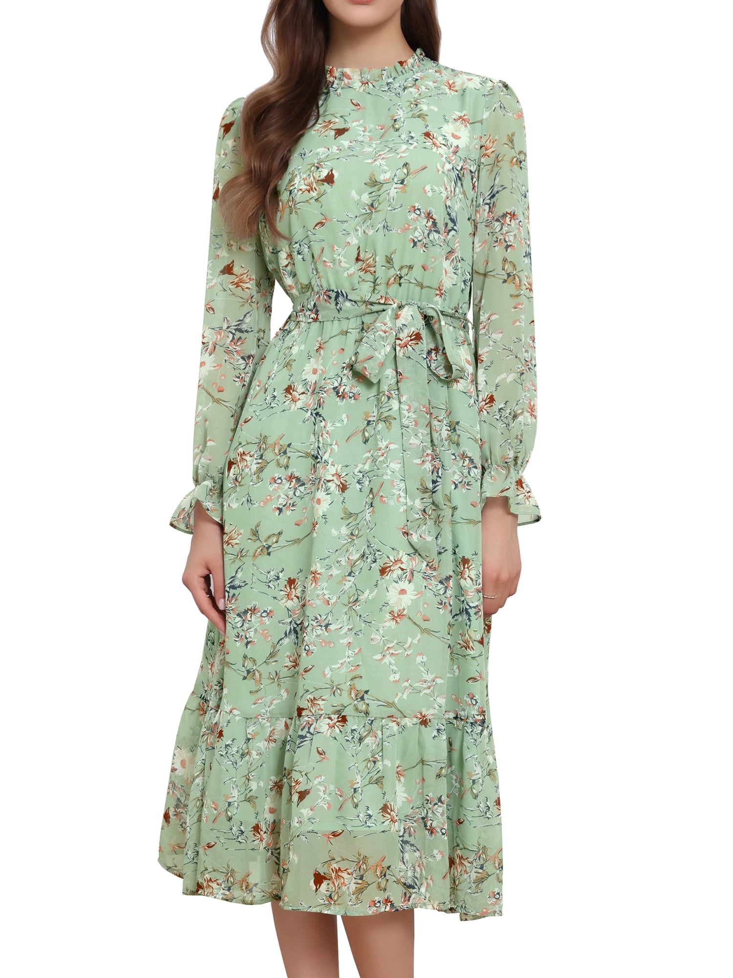 DARING DIVA Fall Floral Long Sleeve Chiffon Midi Dress L Grey Green