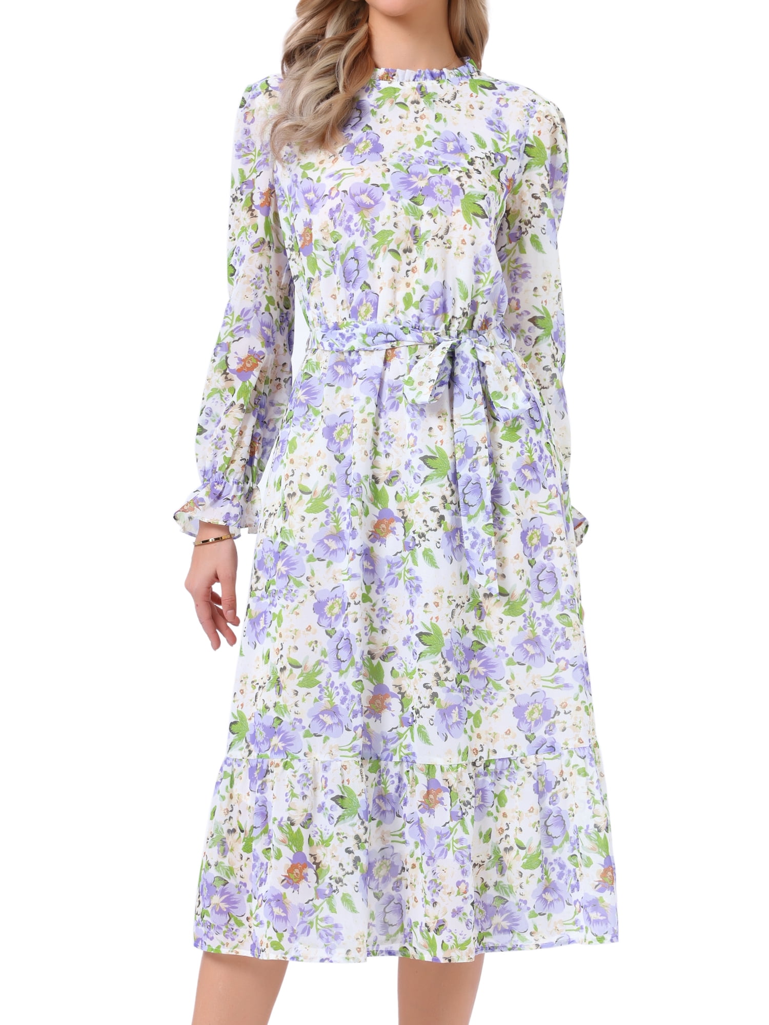 DARING DIVA Fall Floral Long Sleeve Chiffon Midi Dress L Light Purple
