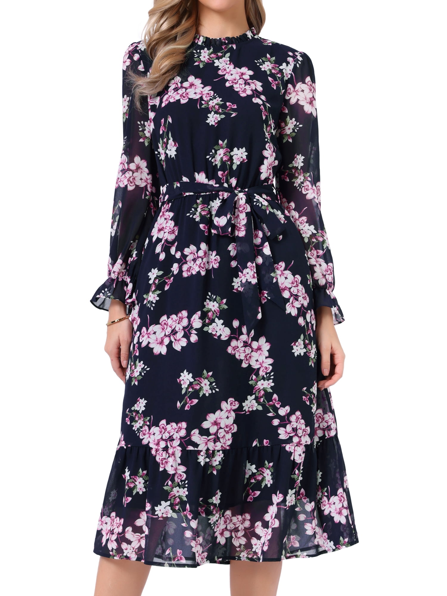 DARING DIVA Fall Floral Long Sleeve Chiffon Midi Dress M Dark Blue