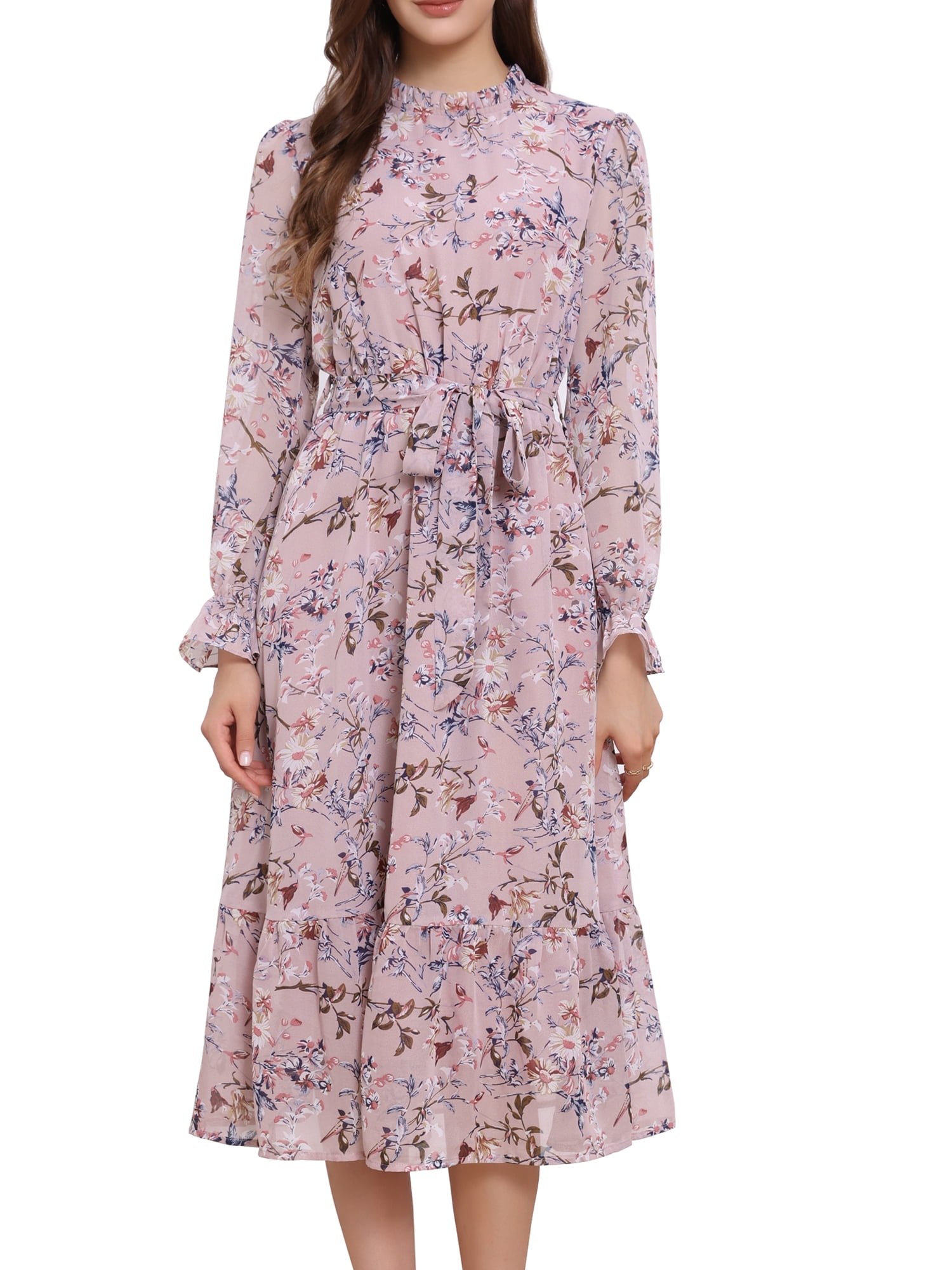 DARING DIVA Fall Floral Long Sleeve Chiffon Midi Dress M Pink