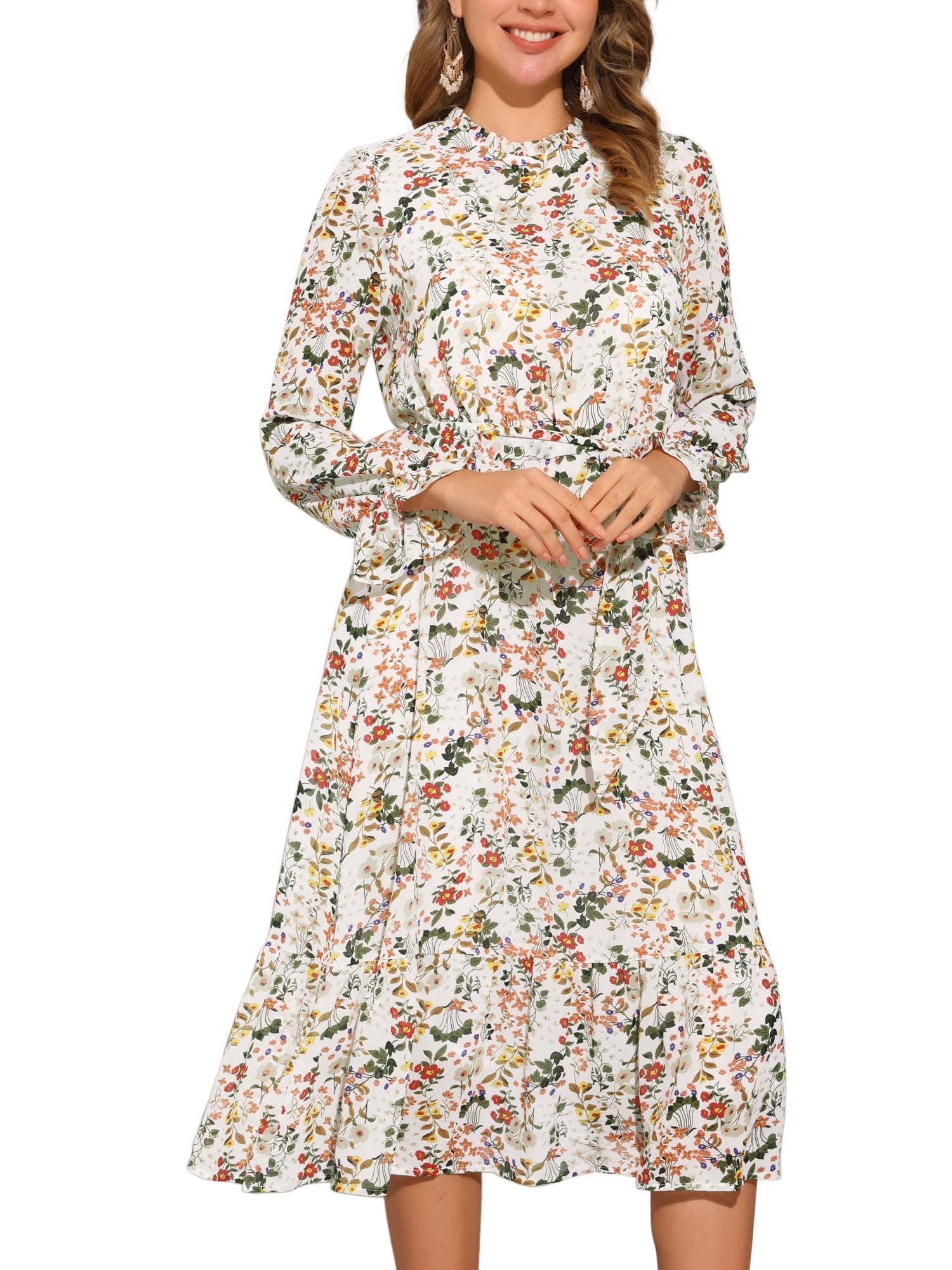 DARING DIVA Fall Floral Long Sleeve Chiffon Midi Dress M White
