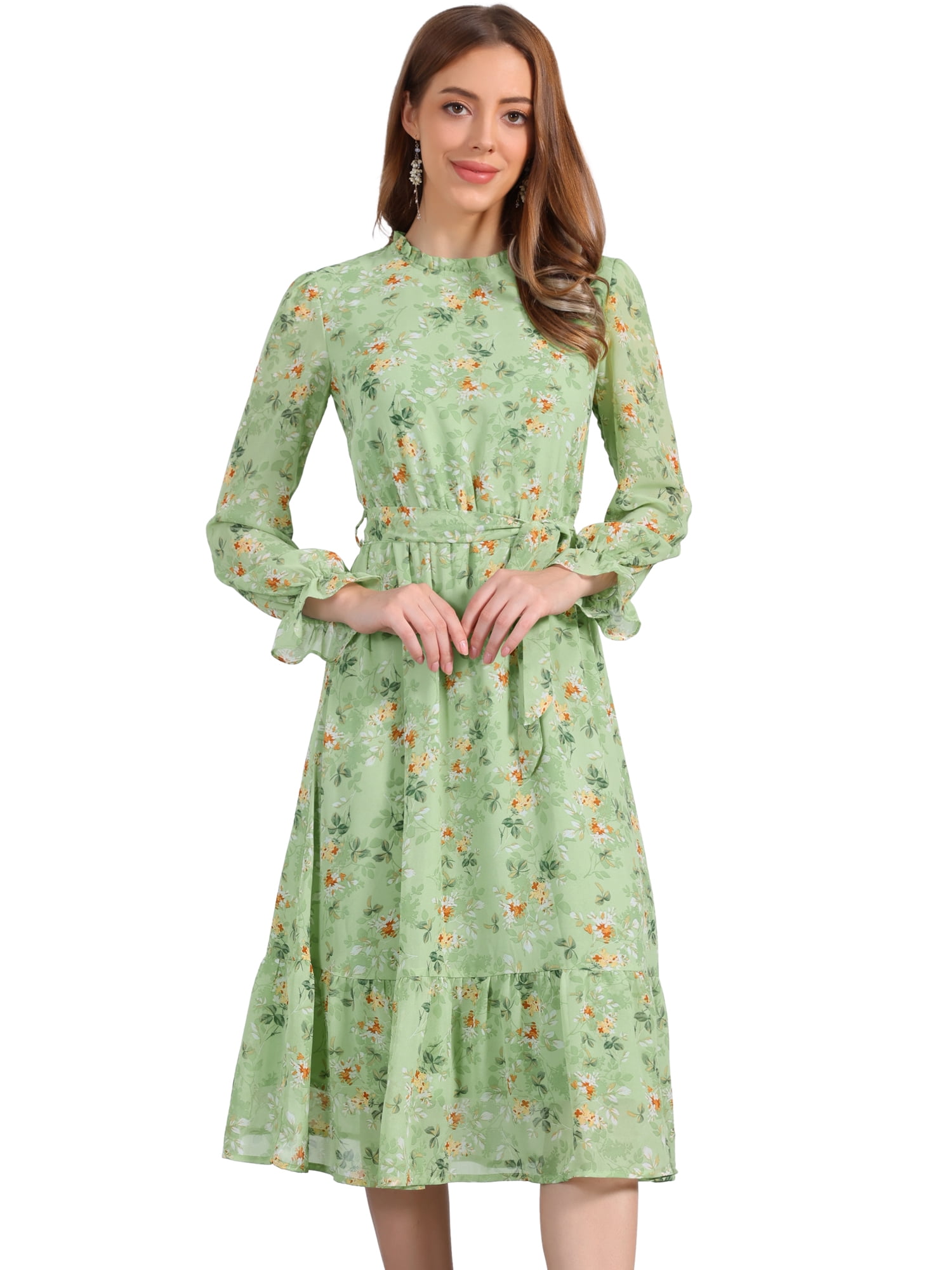 DARING DIVA Fall Floral Long Sleeve Chiffon Midi Dress S Green