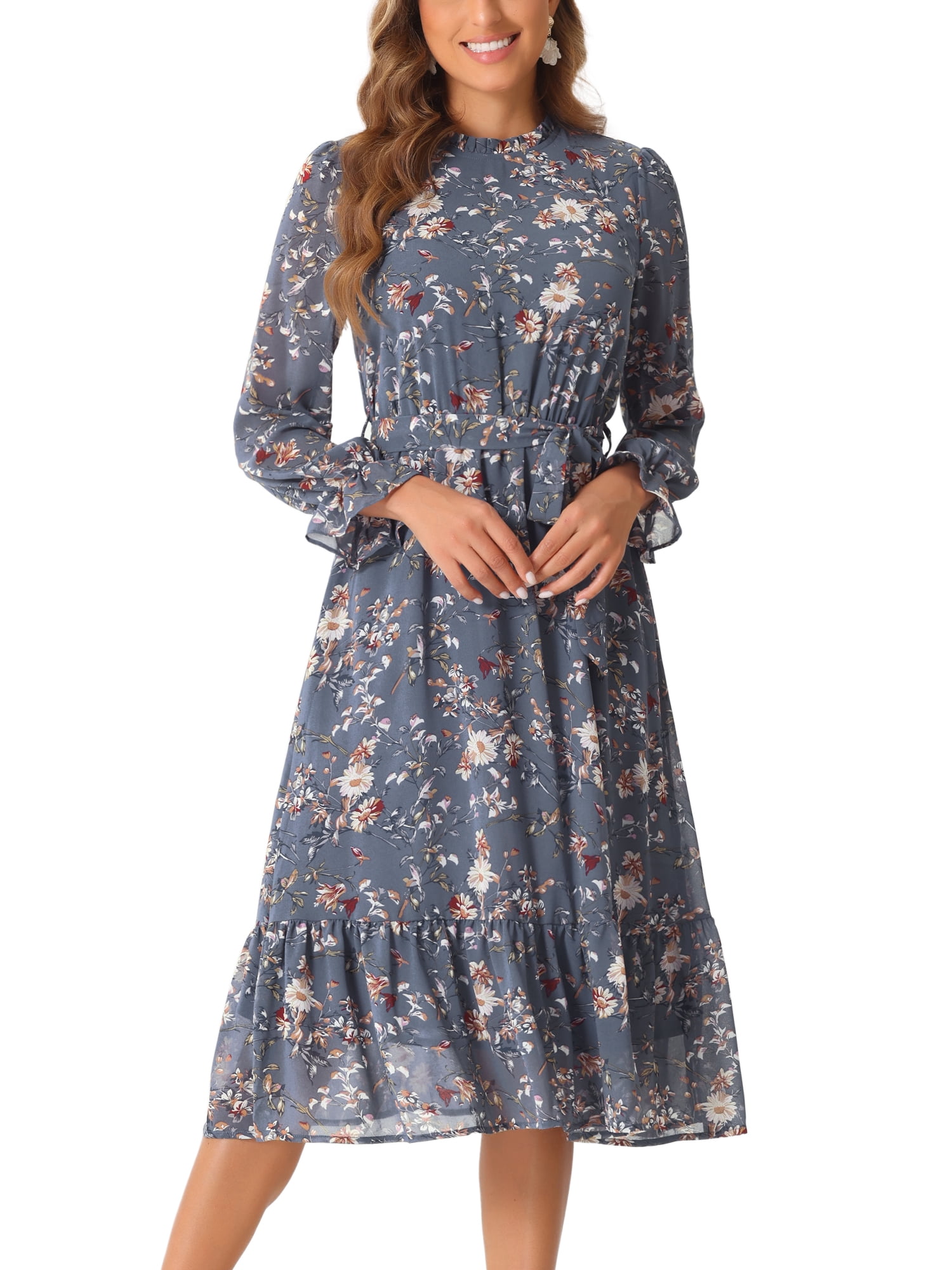 DARING DIVA Fall Floral Long Sleeve Chiffon Midi Dress S Grey Blue
