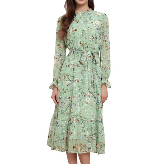 DARING DIVA Fall Floral Long Sleeve Chiffon Midi Dress S Grey Green