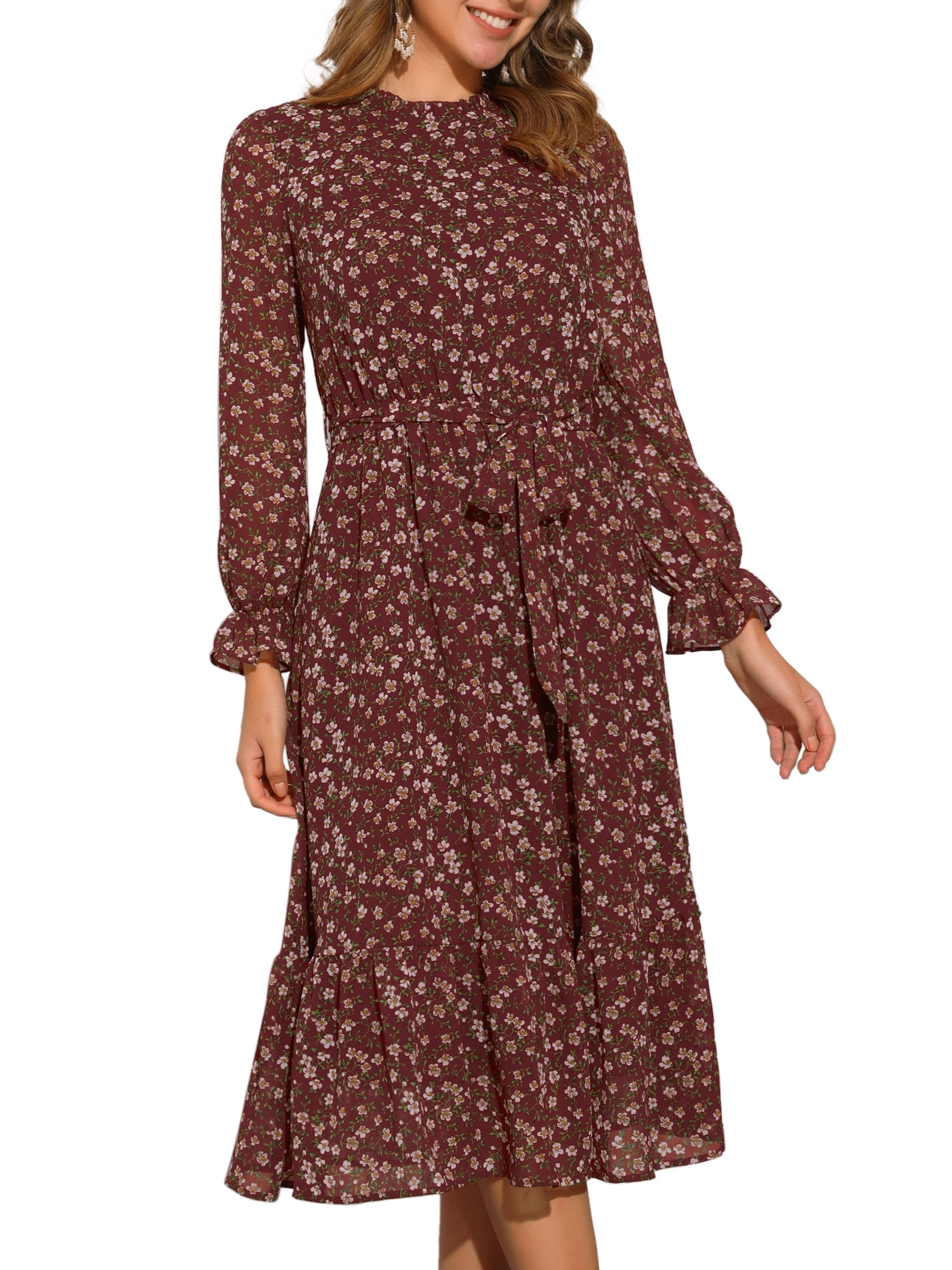 DARING DIVA Fall Floral Long Sleeve Chiffon Midi Dress S Wine Red