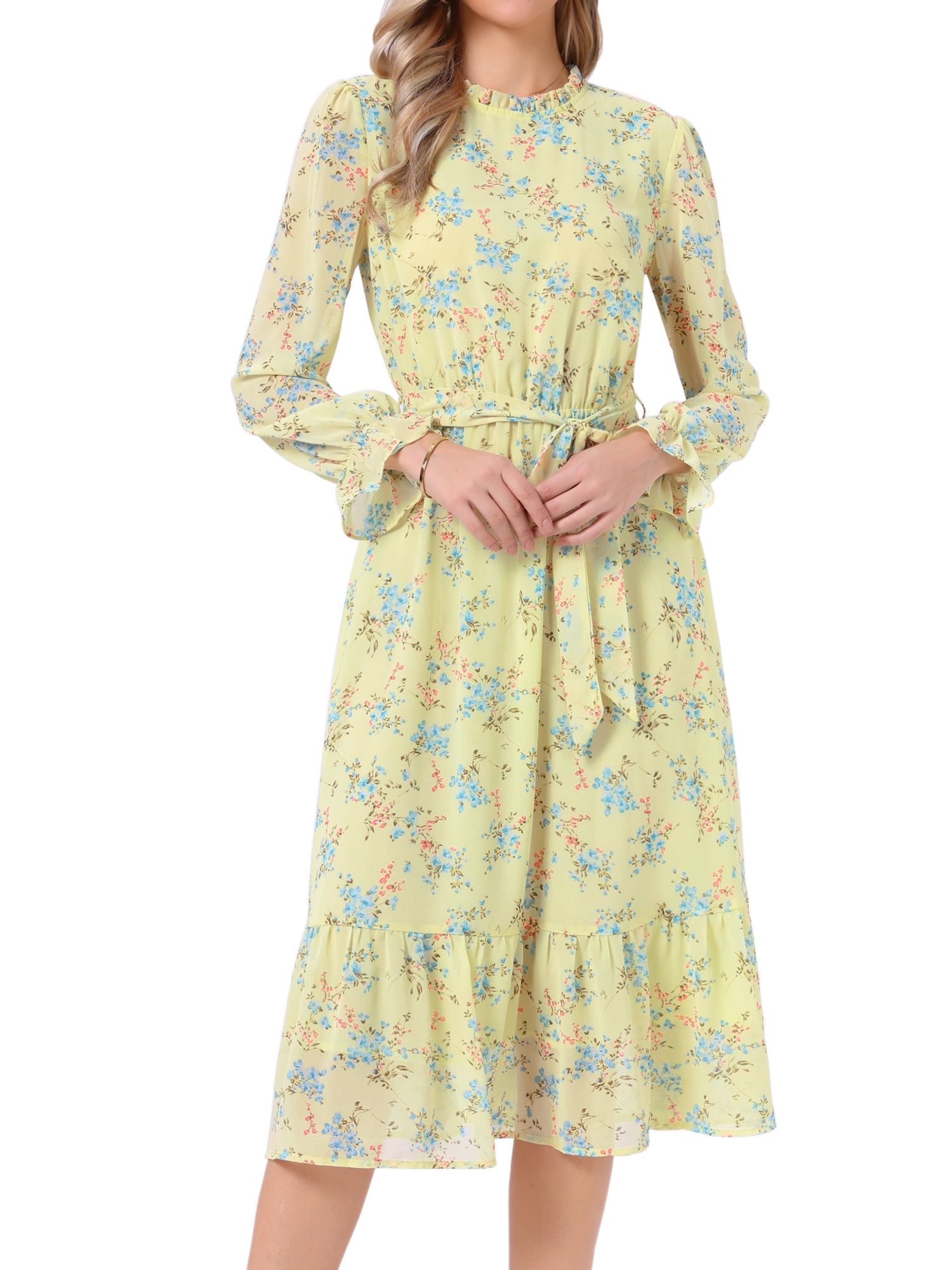 DARING DIVA Fall Floral Long Sleeve Chiffon Midi Dress XL Yellow