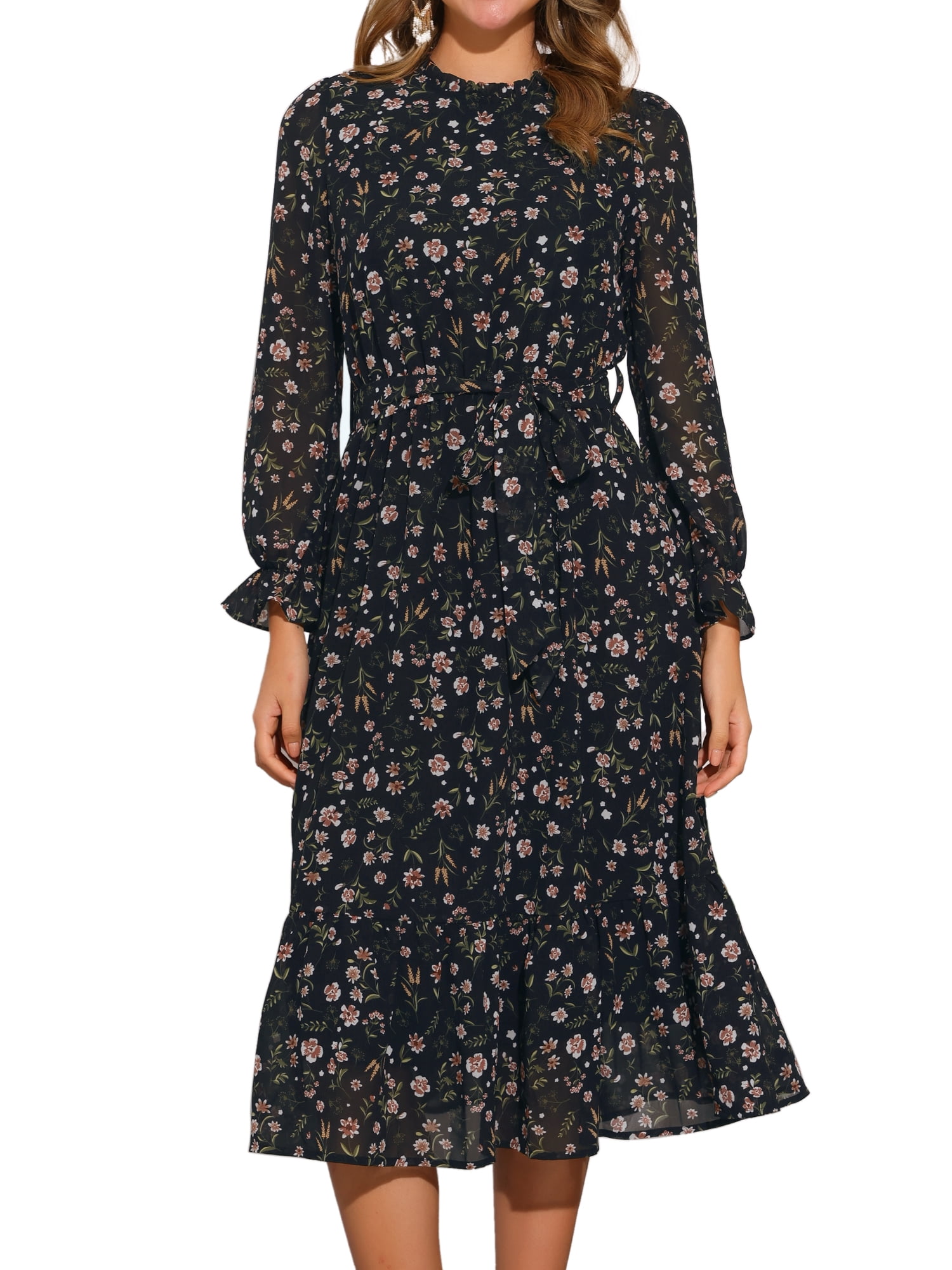 DARING DIVA Fall Floral Long Sleeve Chiffon Midi Dress XS Black