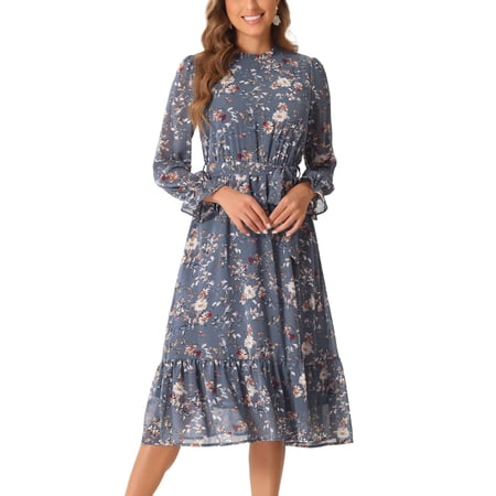 DARING DIVA Fall Floral Long Sleeve Chiffon Midi Dress XS Grey Blue