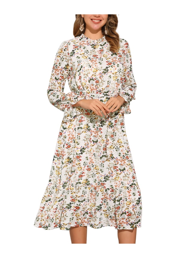 Fall Floral Long Sleeve Chiffon Midi Dress XS White