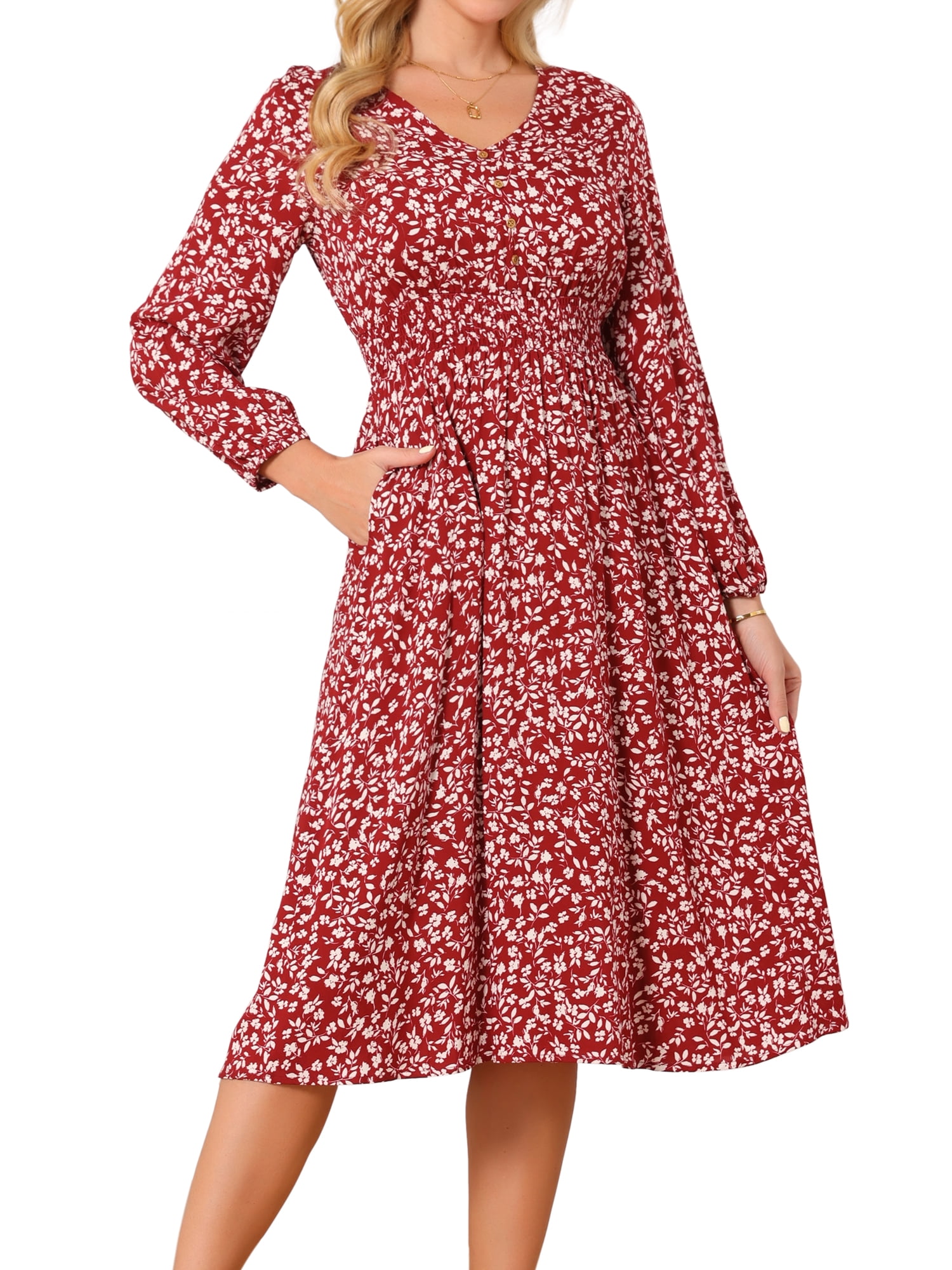 DARING DIVA Fall Long Sleeve Midi Floral Boho Dress L Red