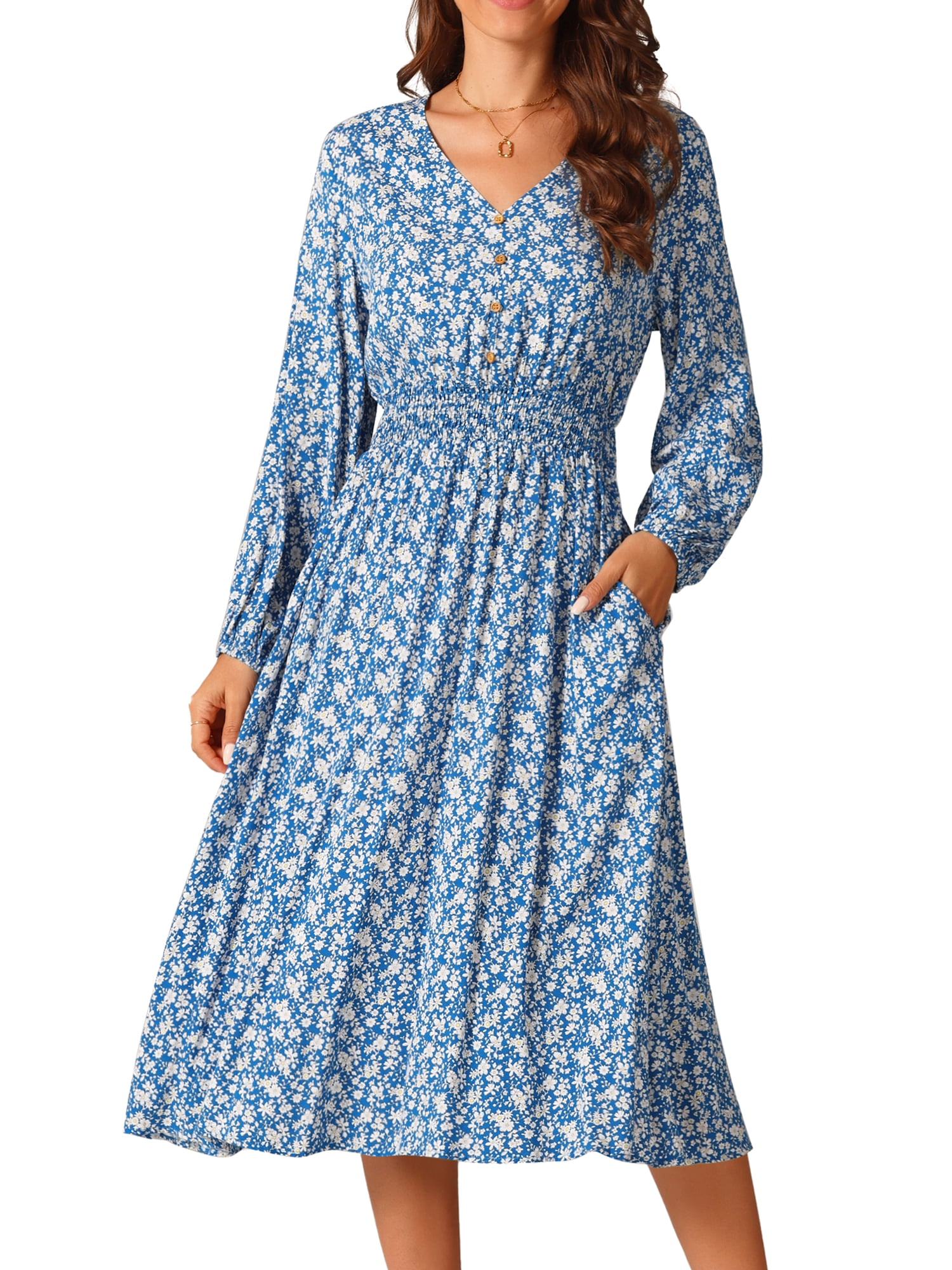 DARING DIVA Fall Long Sleeve Midi Floral Boho Dress M Blue