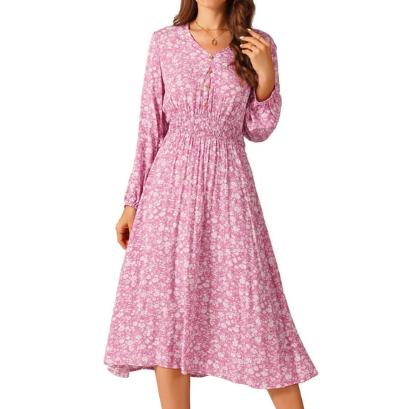 DARING DIVA Fall Long Sleeve Midi Floral Boho Dress M Pink