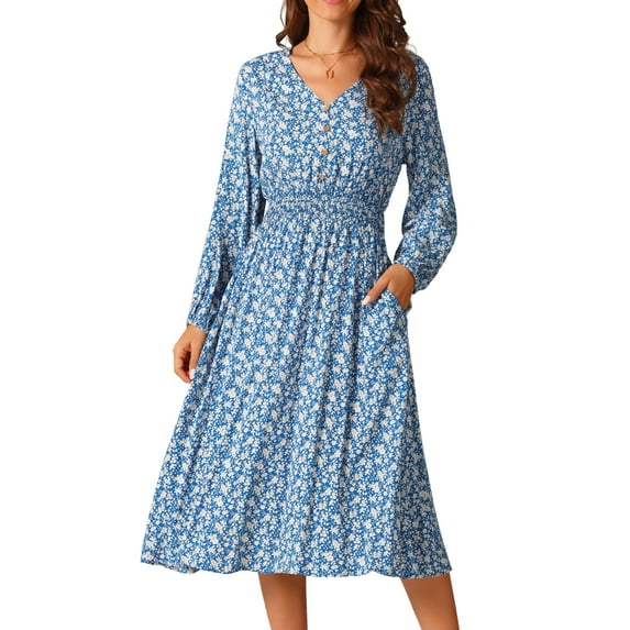 DARING DIVA Fall Long Sleeve Midi Floral Boho Dress S Blue