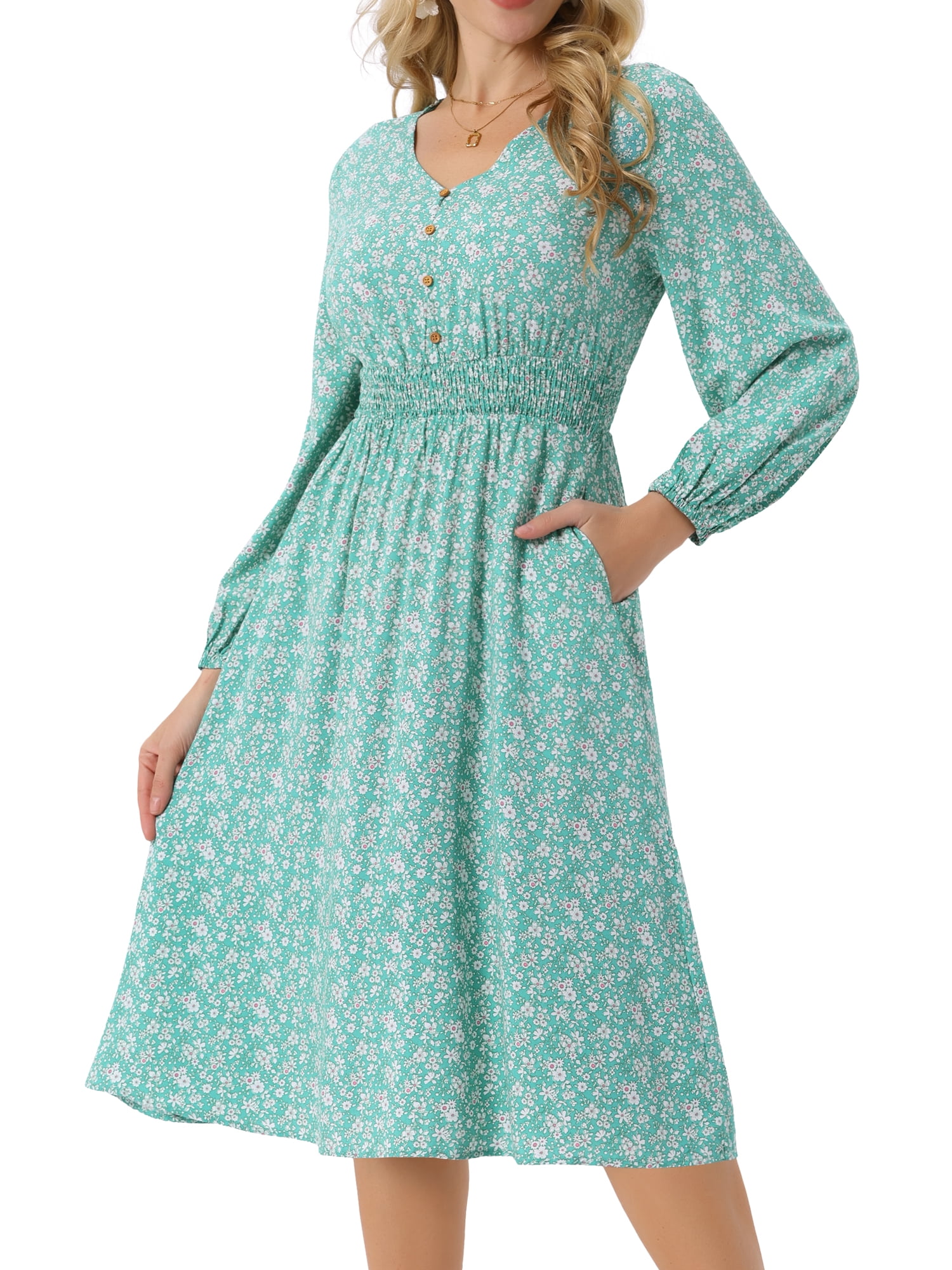 DARING DIVA Fall Long Sleeve Midi Floral Boho Dress S Green