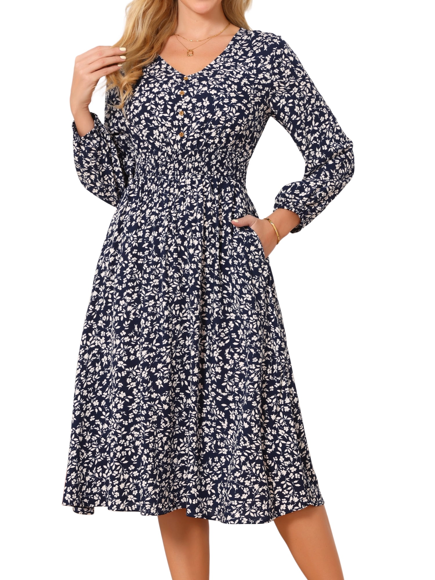 DARING DIVA Fall Long Sleeve Midi Floral Boho Dress S Navy blue