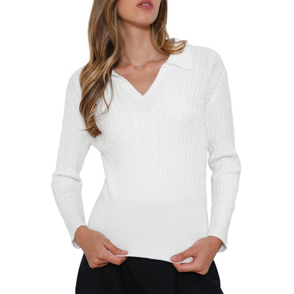 DARING DIVA Fall Sweaters Collared V Neck Cable Knit Pullover Tops M White