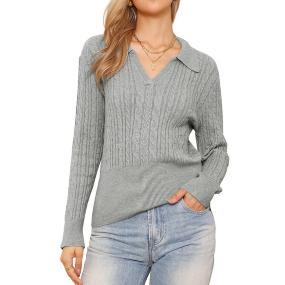 DARING DIVA Fall Sweaters Collared V Neck Cable Knit Pullover Tops S Grey