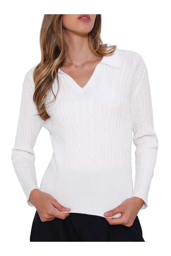 Fall Sweaters Collared V Neck Cable Knit Pullover Tops S White