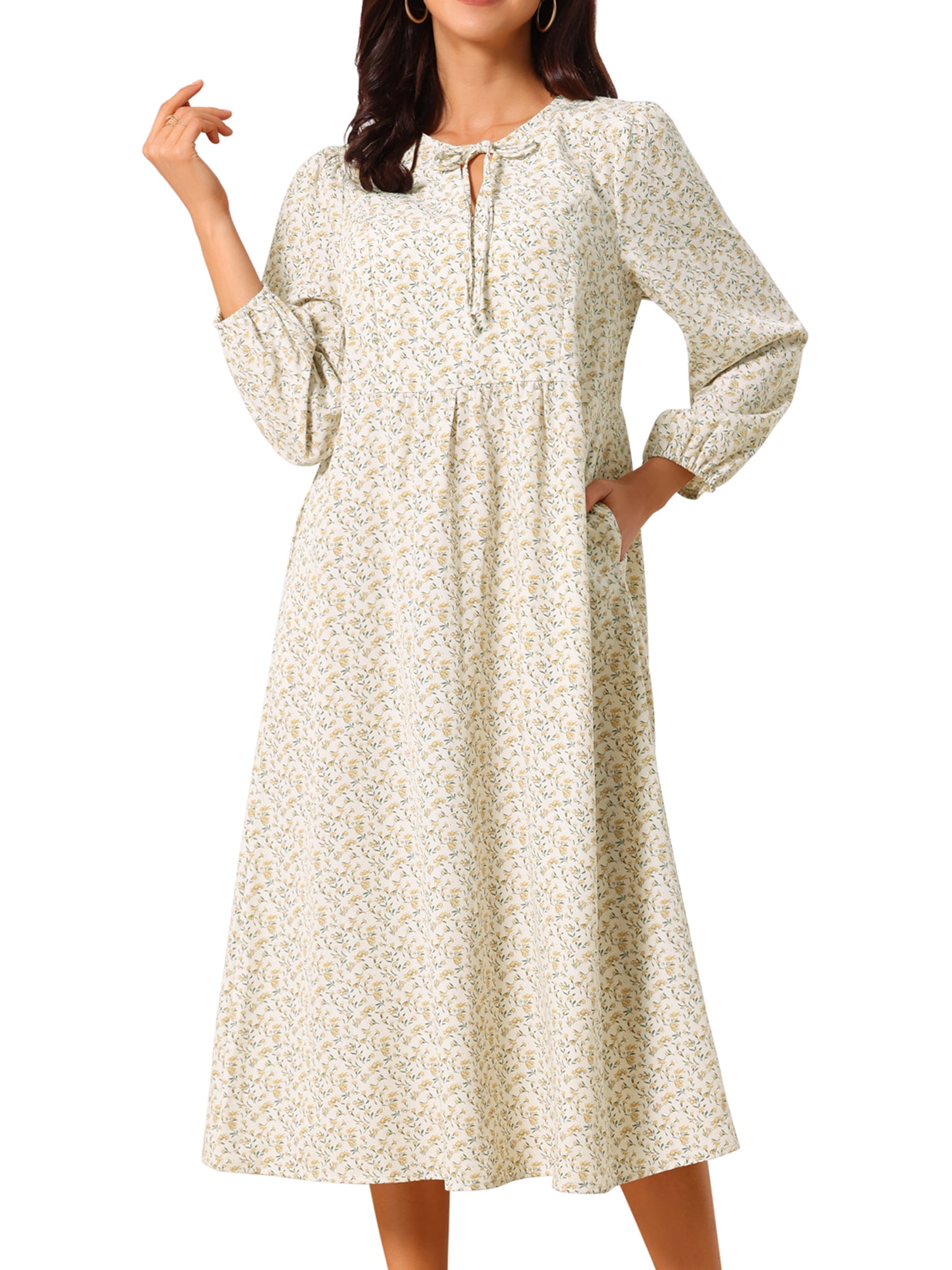 DARING DIVA Women's Fall V Neck Long Sleeve Flowy Midi Dress L Apricot