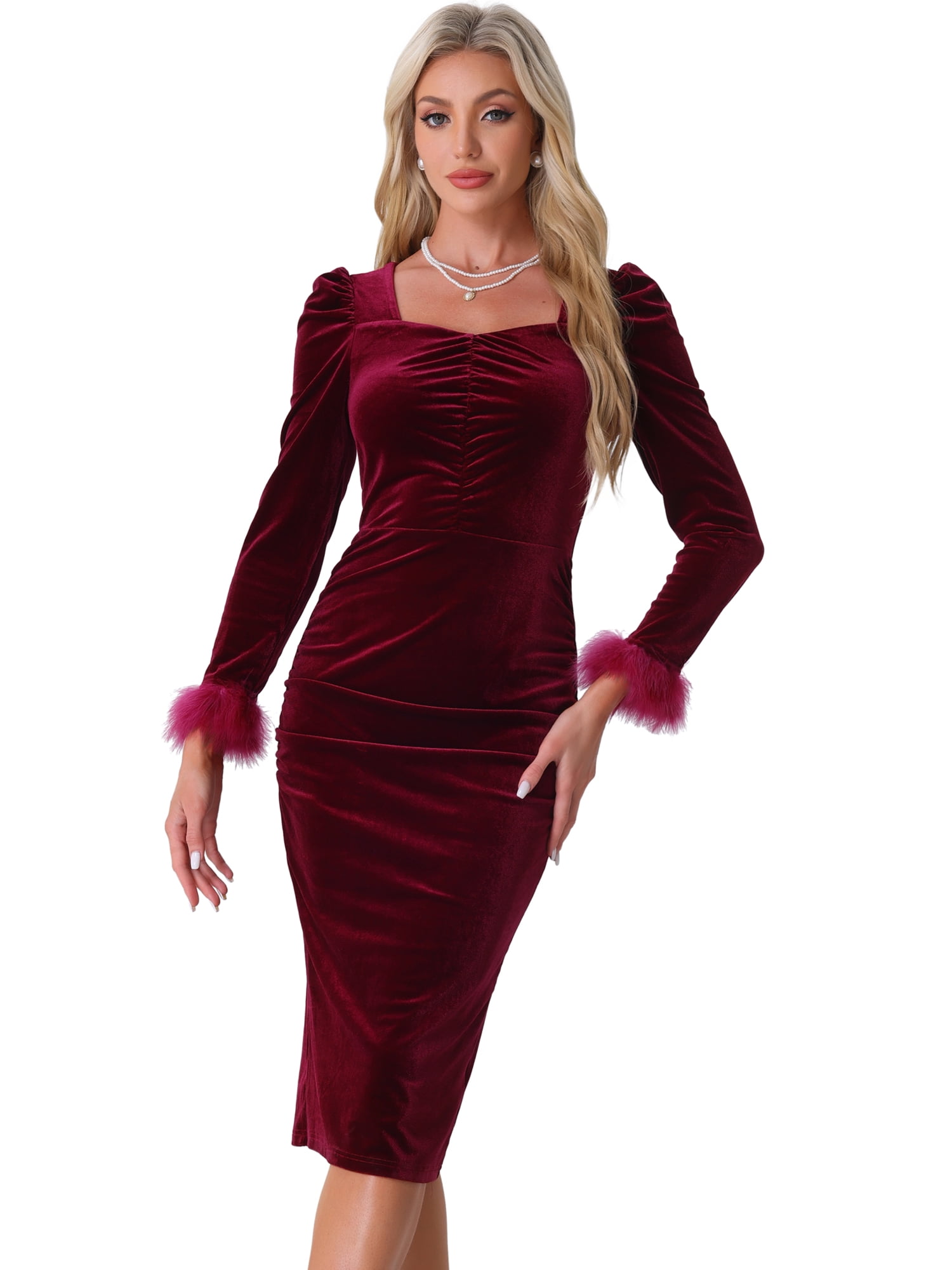DARING DIVA Fall Velvet Long Sleeve Square Neck Cocktail Dress XS Burgundy