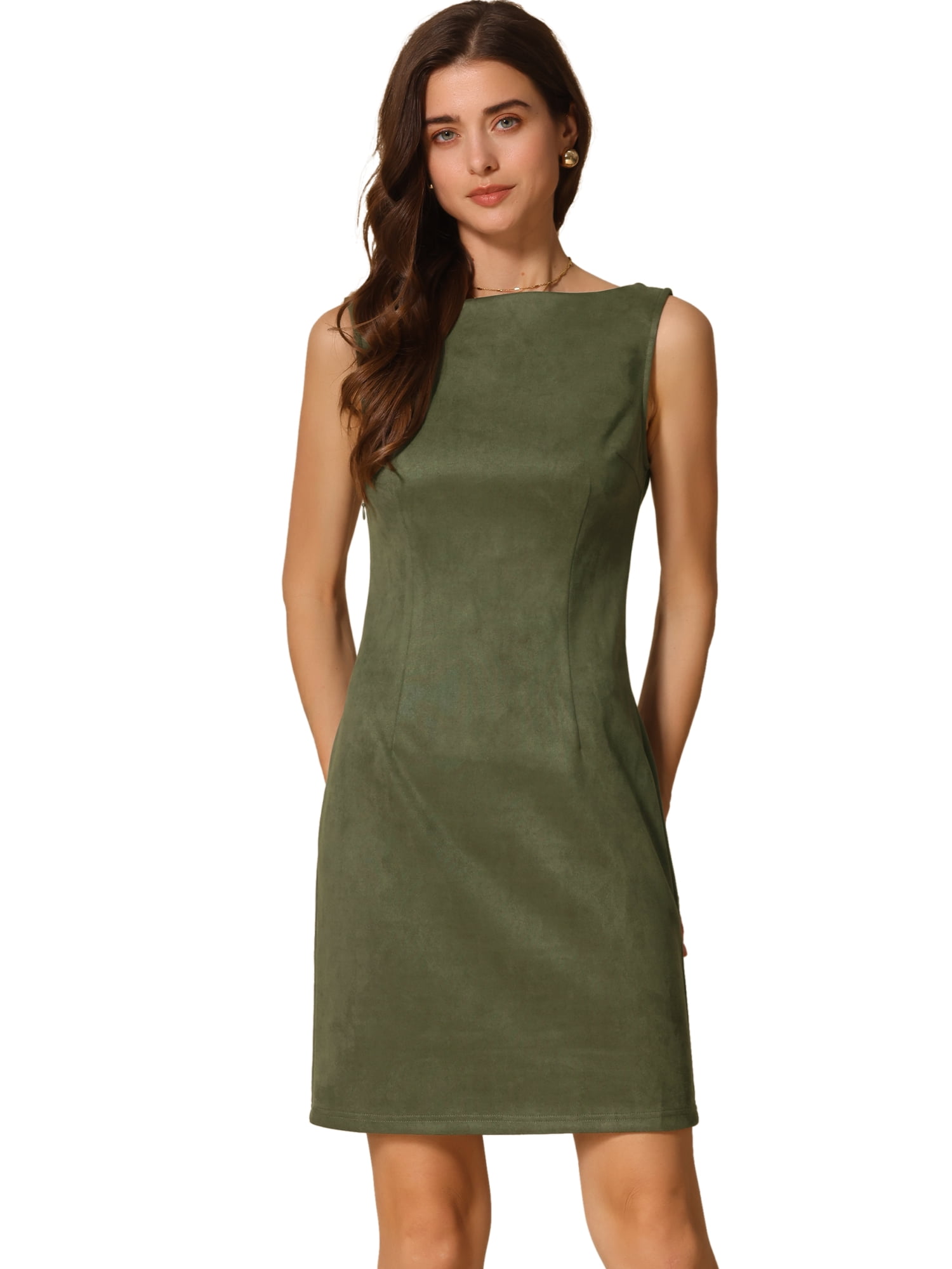 DARING DIVA Faux Suede Boat Neck Sleeveless Sheath Dress L Army Green