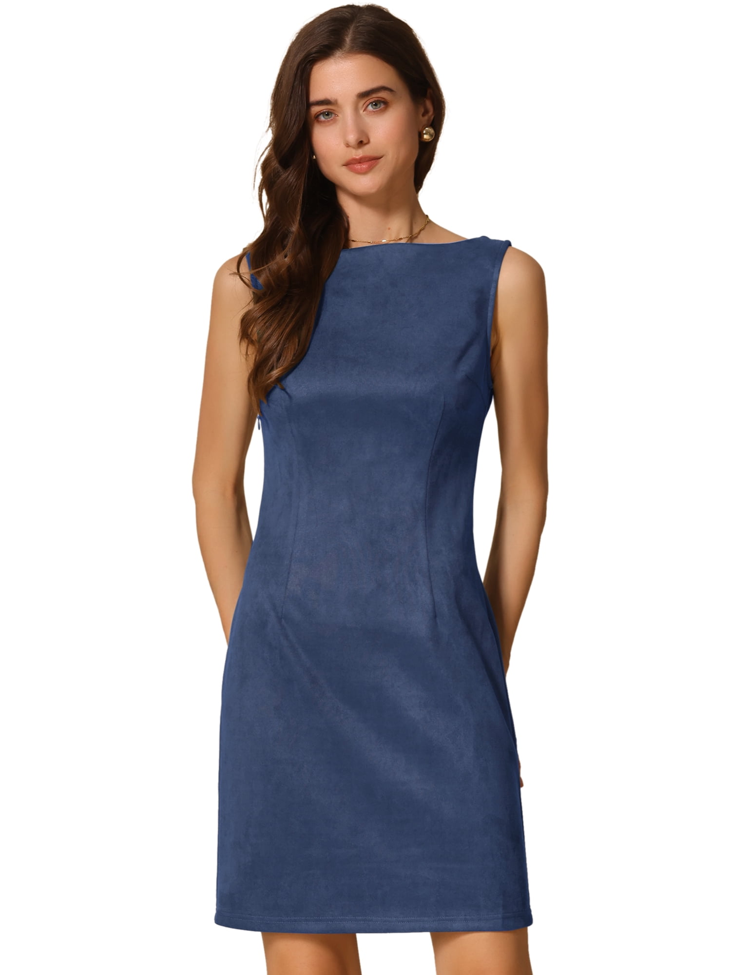 DARING DIVA Faux Suede Boat Neck Sleeveless Sheath Dress Medium Dark Blue