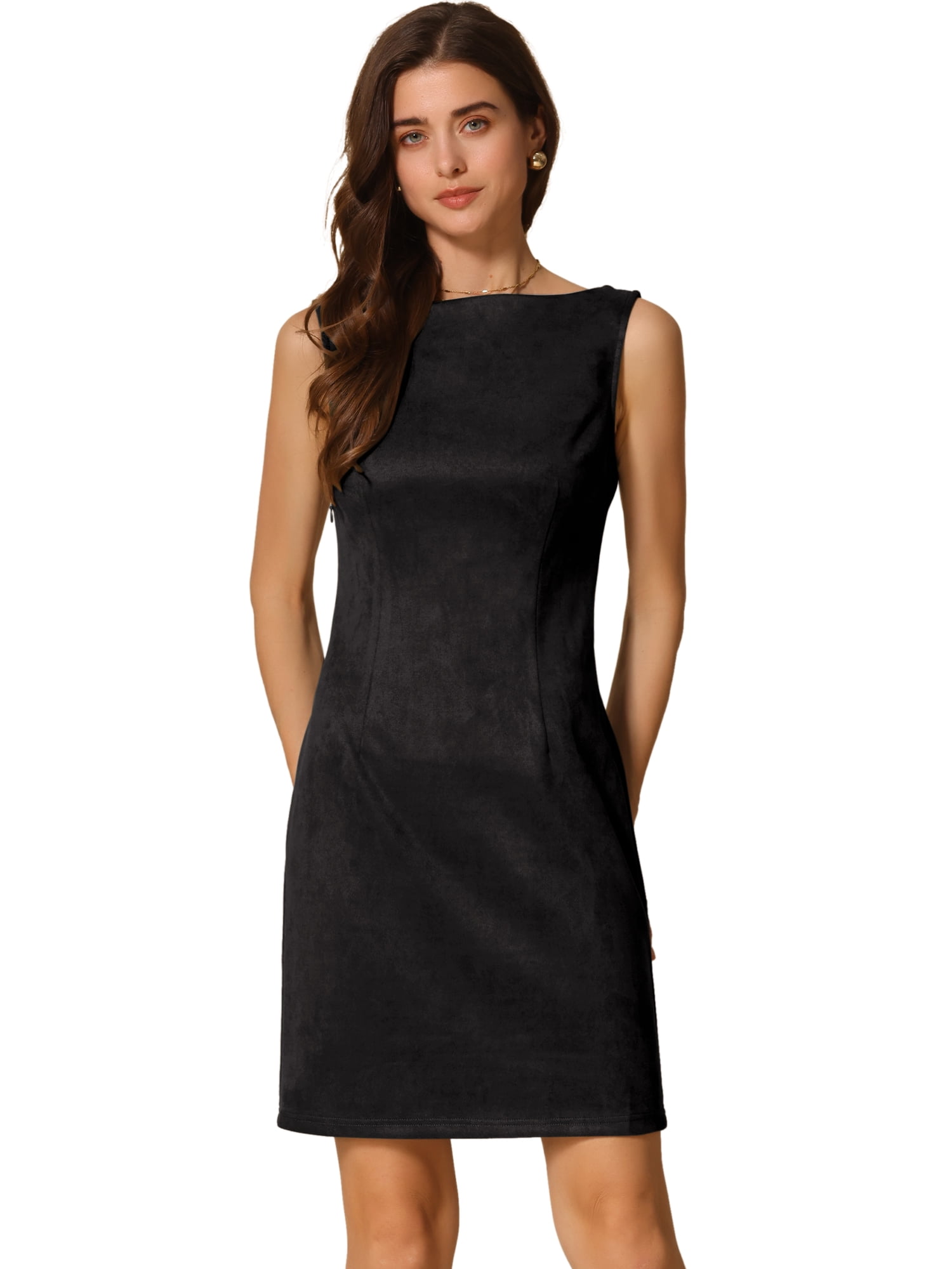 DARING DIVA Faux Suede Boat Neck Sleeveless Sheath Dress XL Black