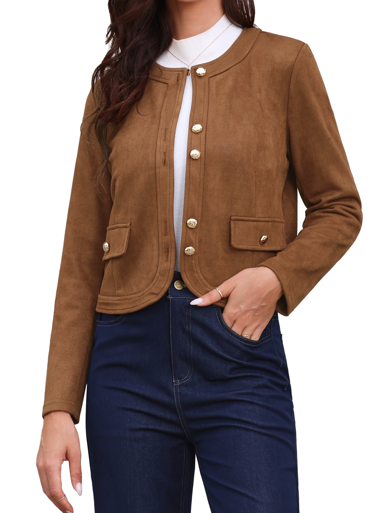 DARING DIVA Women's Collarless Long Sleeve Outerwear Faux Suede Jacket L Brown