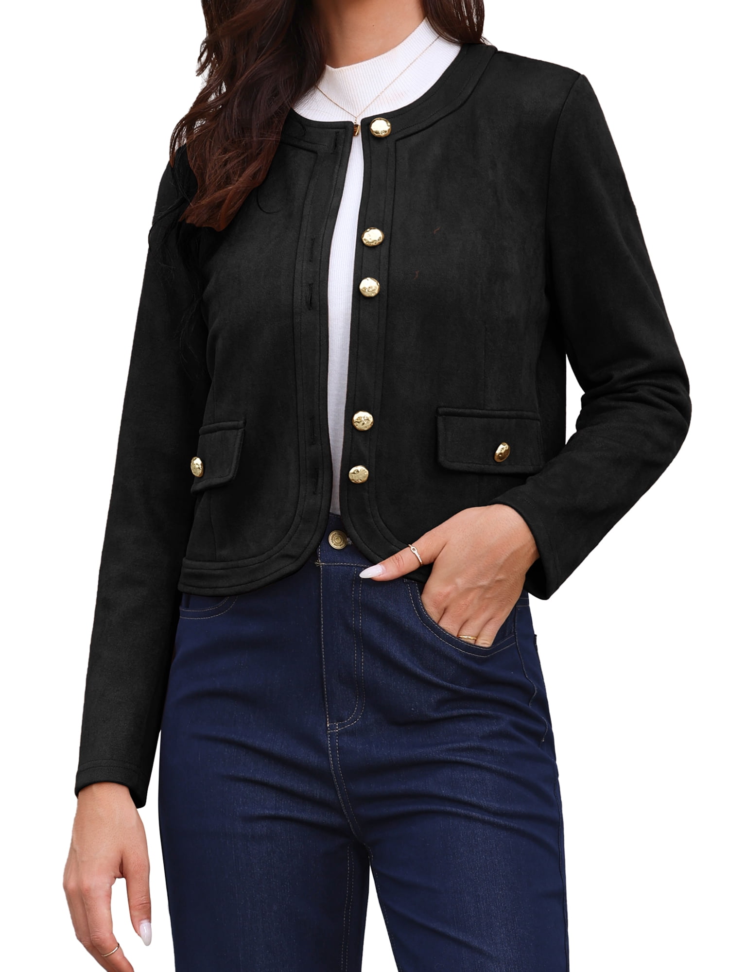 DARING DIVA Women's Collarless Long Sleeve Outerwear Faux Suede Jacket M Black