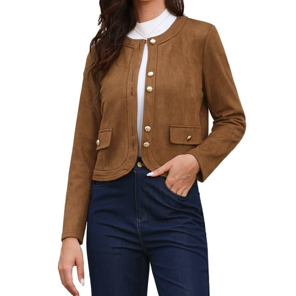 DARING DIVA Faux Suede Collarless Long Sleeve Trendy Outerwear XS Brown