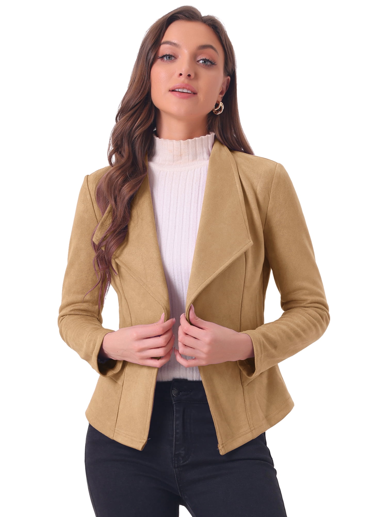 DARING DIVA Faux Suede Jacket Open Front Lapel Draped Cardigan Blazers XS Khaki